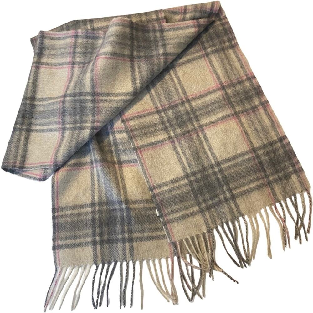 Belle France 100% Cashmere Scarf Womens Plaid fringe 64x10"